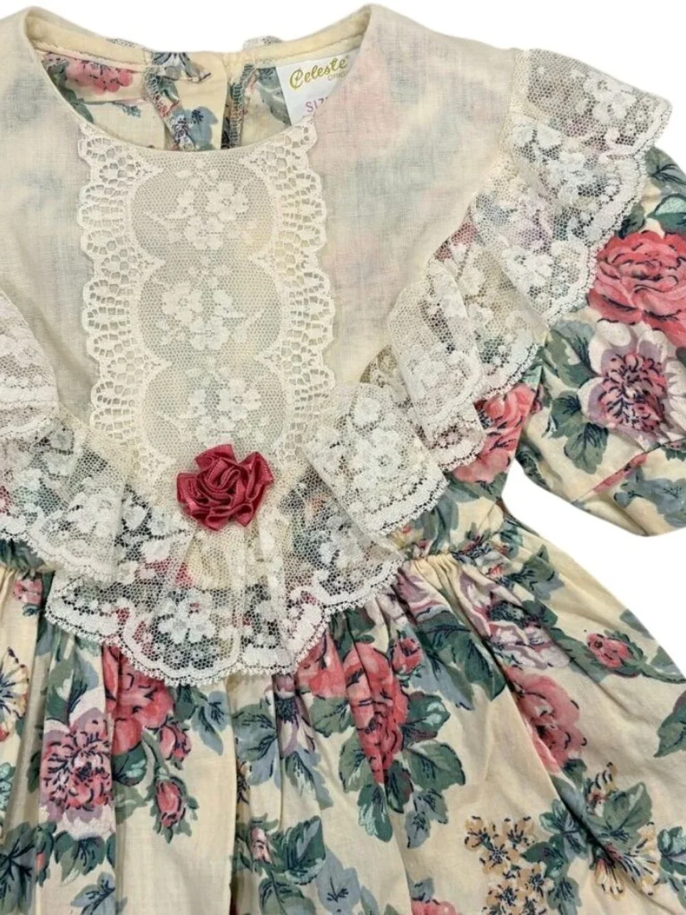Vintage Victorian 3T Girls Floral Lace Collar Dress Puff Sleeves